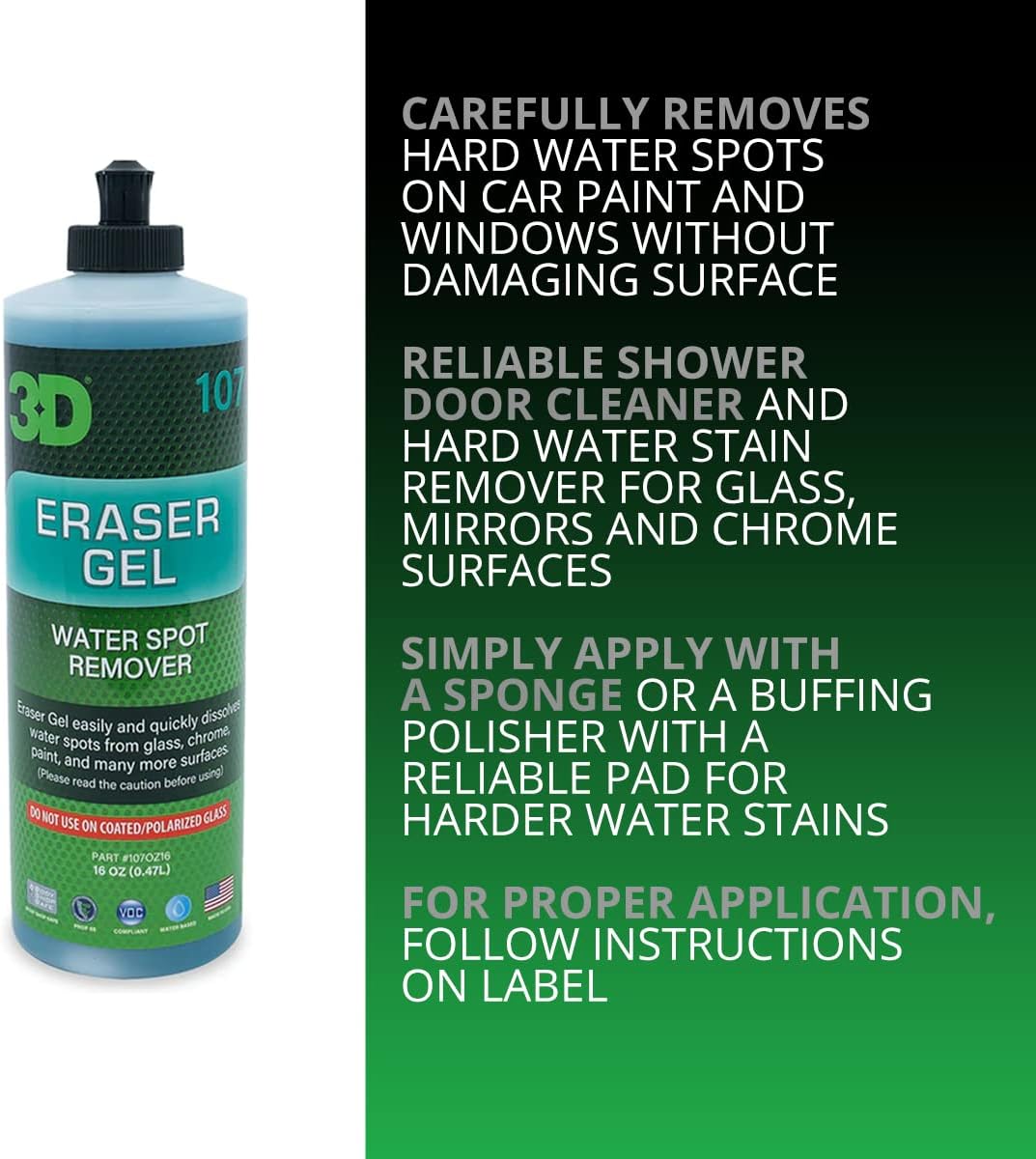 3D Eraser Gel Water Spot Remover – Acidic Gel Formula for Hard Water Spots & Mineral Deposits – Safe for Paint, Glass, Chrome, Plastic & Metal - 16 oz
