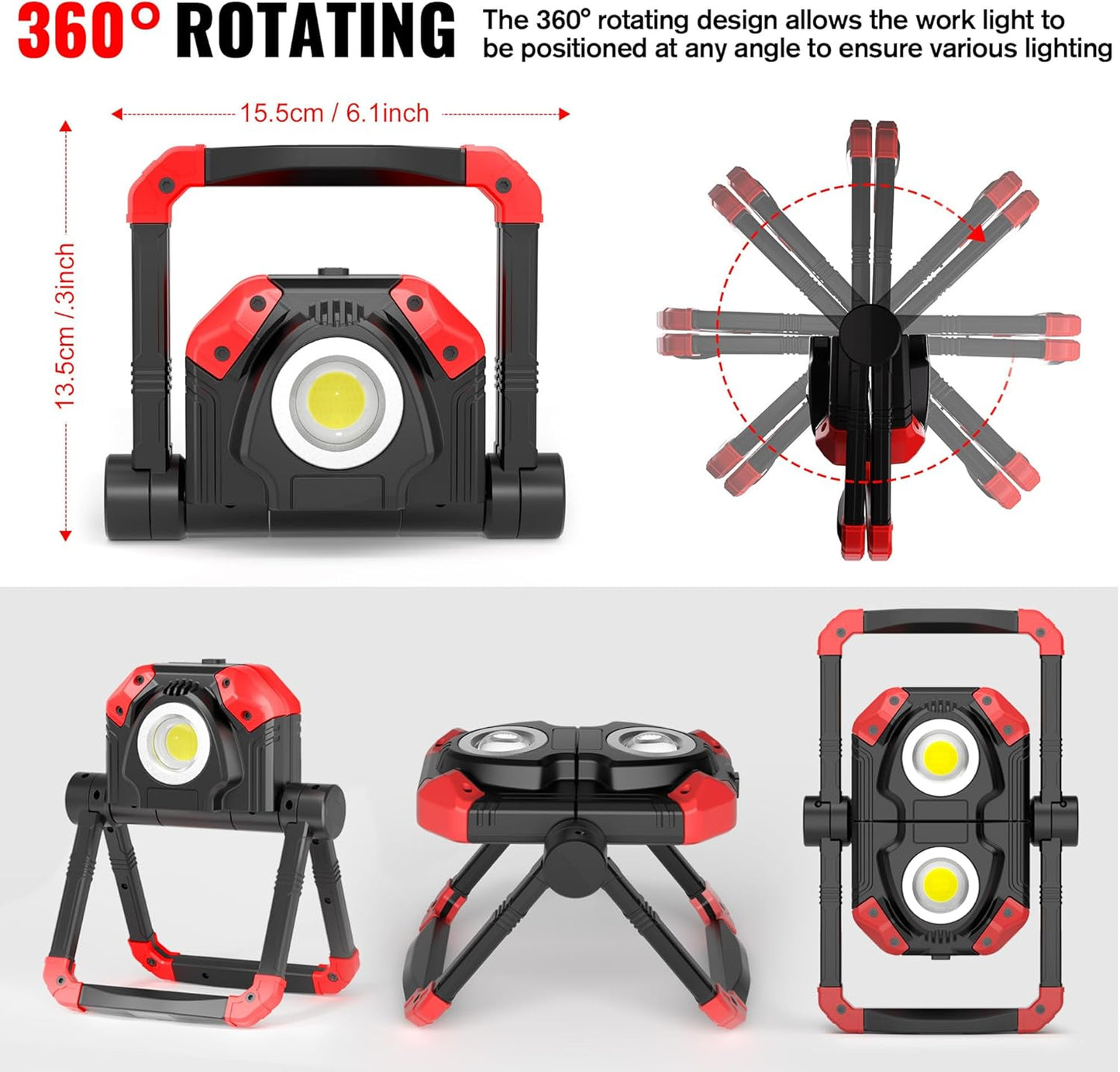 Adelante 2Pack Rechargeable LED Work Light with Magnetic Bases, 2500LM 6500K 12 Hours Long Lasting, Mobile Charger, 360°Rotating Stand Waterproof USB Portable Flood Light for Mechanics, Repairing