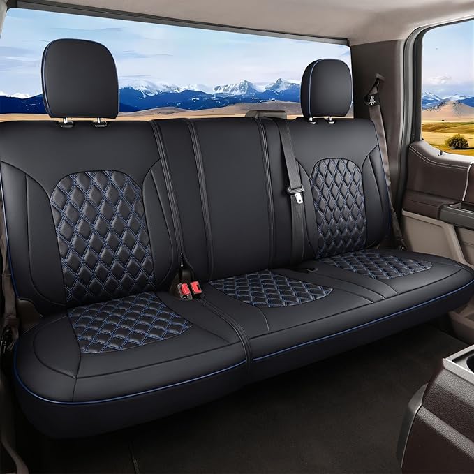 Huidasource Custom Fit Ford F150 Rear Bench Split Leather Seat Covers Fit for 2015-2025 F150 SuperCrew & 2017-2025 F250 F350 F450 Super Duty Crew Cab Pickup King Ranch Platinum(Back Row/Black&Blue)