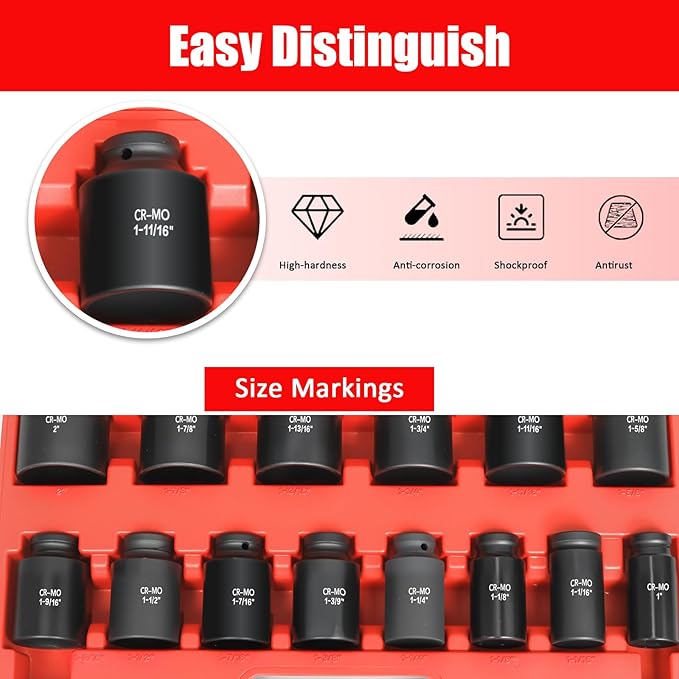 1/2" Inch Drive Deep Impact Socket Set,6-Point,SAE Sizes(1“-2”),14 PCS,Cr-Mo Steel,Heavy Duty Impact Sockets for Automotive & Industrial Machinery,With a Storage Case