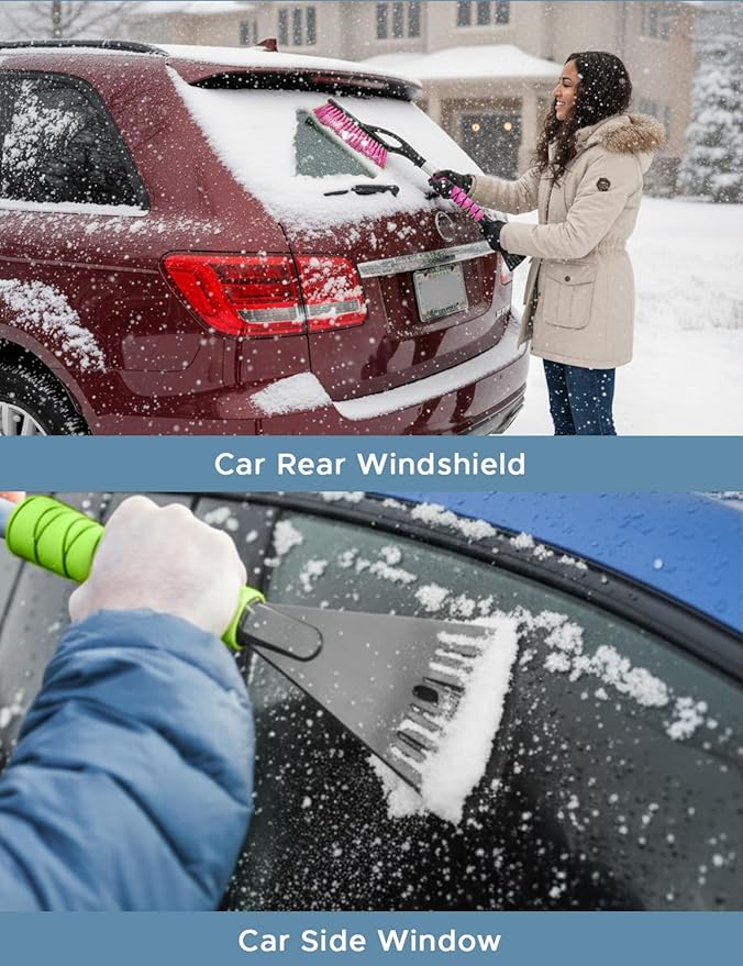 27" Snow Brush and Ice Scrapers for Car Windshield (3 Pack), Window Scraper with Ergonomic Foam Grip, Snow Removal for Car, Must Have Winter Car Accessories (Green, Blue & Pink)