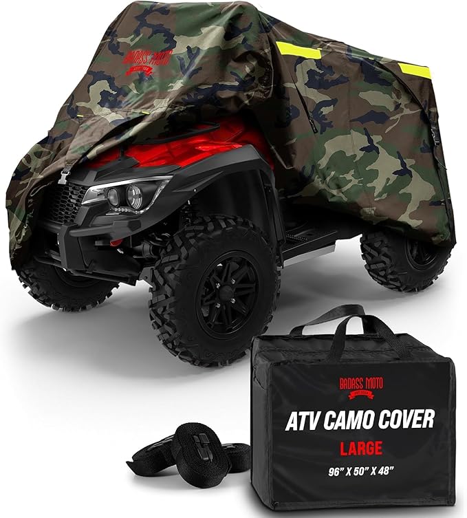 Badass Moto ATV Covers - Waterproof Heavy Duty, 4 Wheeler Quad Cover - Rip-Resistant, Night-Reflective - Camo Large 95" Long