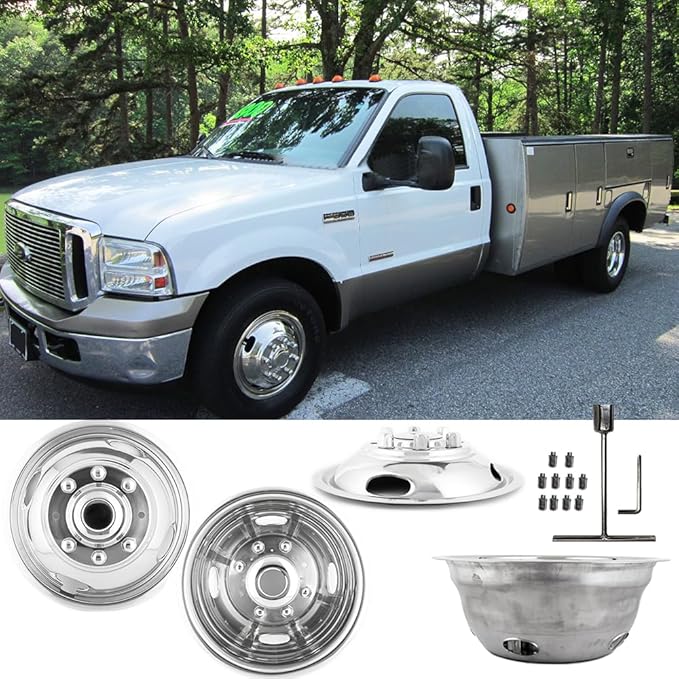 17" Polished Stainless Steel Wheel Simulators Fit for 2005-2025 Ford F350 Dually, 4pcs Nice Looking and Durable Bolt On Wheel Cover, 8 Lug 4 Hand Hole Hubcaps with Installation Tool Kit