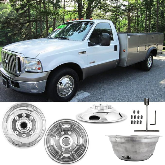 17" Polished Stainless Steel Wheel Simulators Fit for 2005-2025 Ford F350 Dually, 4pcs Nice Looking and Durable Bolt On Wheel Cover, 8 Lug 4 Hand Hole Hubcaps with Installation Tool Kit
