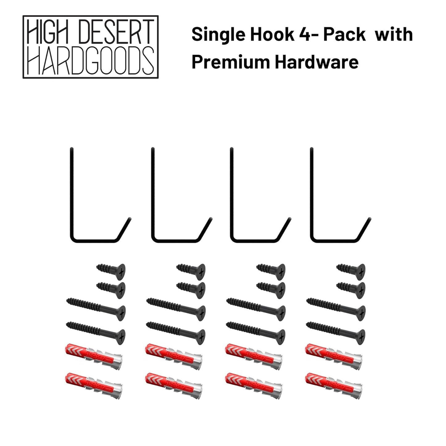 Wall Hooks Single Hook 4-Pack - Made in USA - 50 lb Capacity Stel Coat Hooks, Powder Coated Metal Wall Mount Hooks for Entryway, Garage, Bathroom.