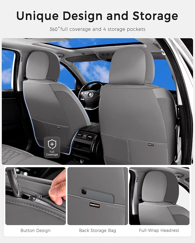 Huidasource Gray Front Seat Covers, Car Seat Covers Front Seats Waterproof, Full-Cover Faux Leather Gray Driver Seat Cover Protector Universal Fit for Most Cars, Vans, Trucks, SUVs (Front Pair/Gray)
