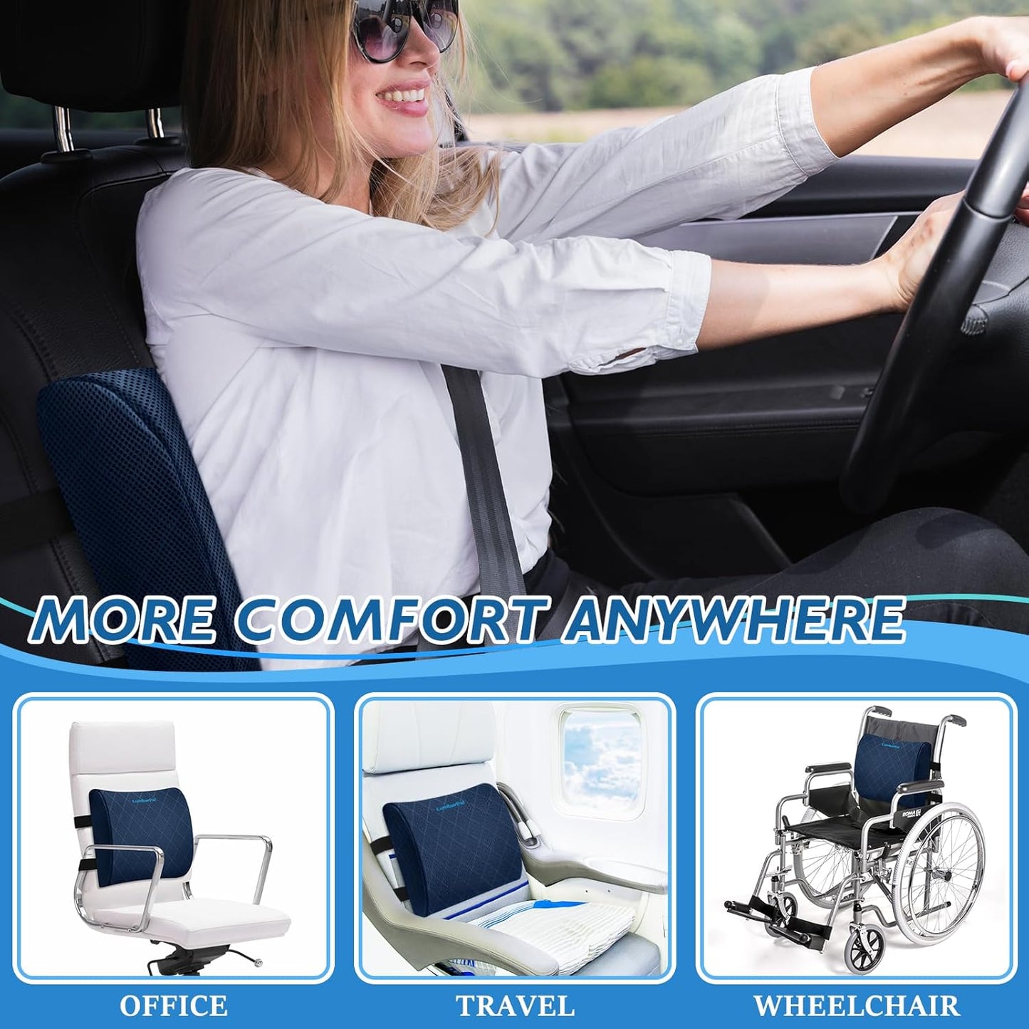 Lumbar Support Pillow for Office Chair Back Support Lumbar Pillow for Car, Gaming, Office Chair - Improve Sitting Posture & Back Pain Relief, Memory Foam, Adjustable Straps, Blue