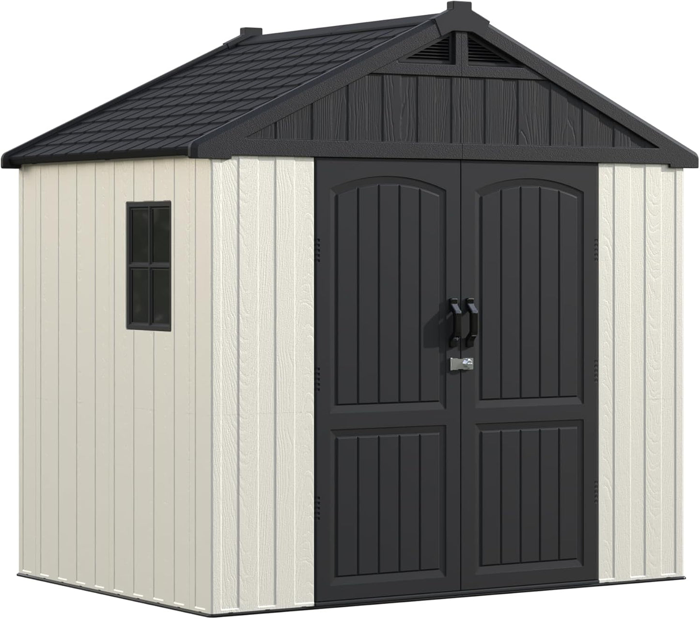 Greesum 8×6 FT Plastic Outdoor Storage Shed with Floor, Resin Sheds with Window and Lockable Door, Weather Resistant Organization for Garden, Lawn, Pool Supplies, Beige