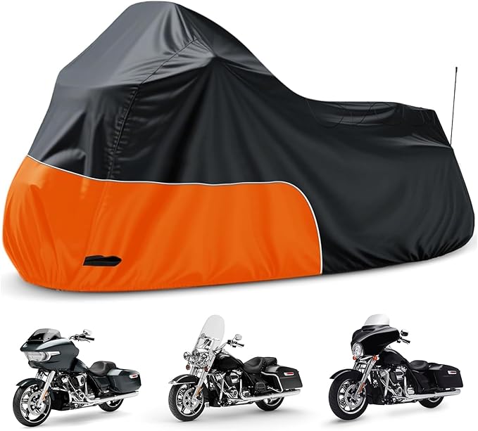 Motorcycle Cover fits for Harley Davidson Road King Road Glide Electra Glide Low Rider-ST HD Goldwing, All Weather Waterproof Cruiser Motorcycle Cover, Black&Orange