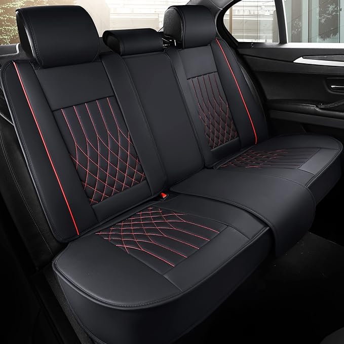 Aierxuan Rear Car Seat Covers with Waterproof Leather, Automotive Vehicle Cushion Cover Universal Fit for Most Cars (Black-Red, Rear seat Cover)