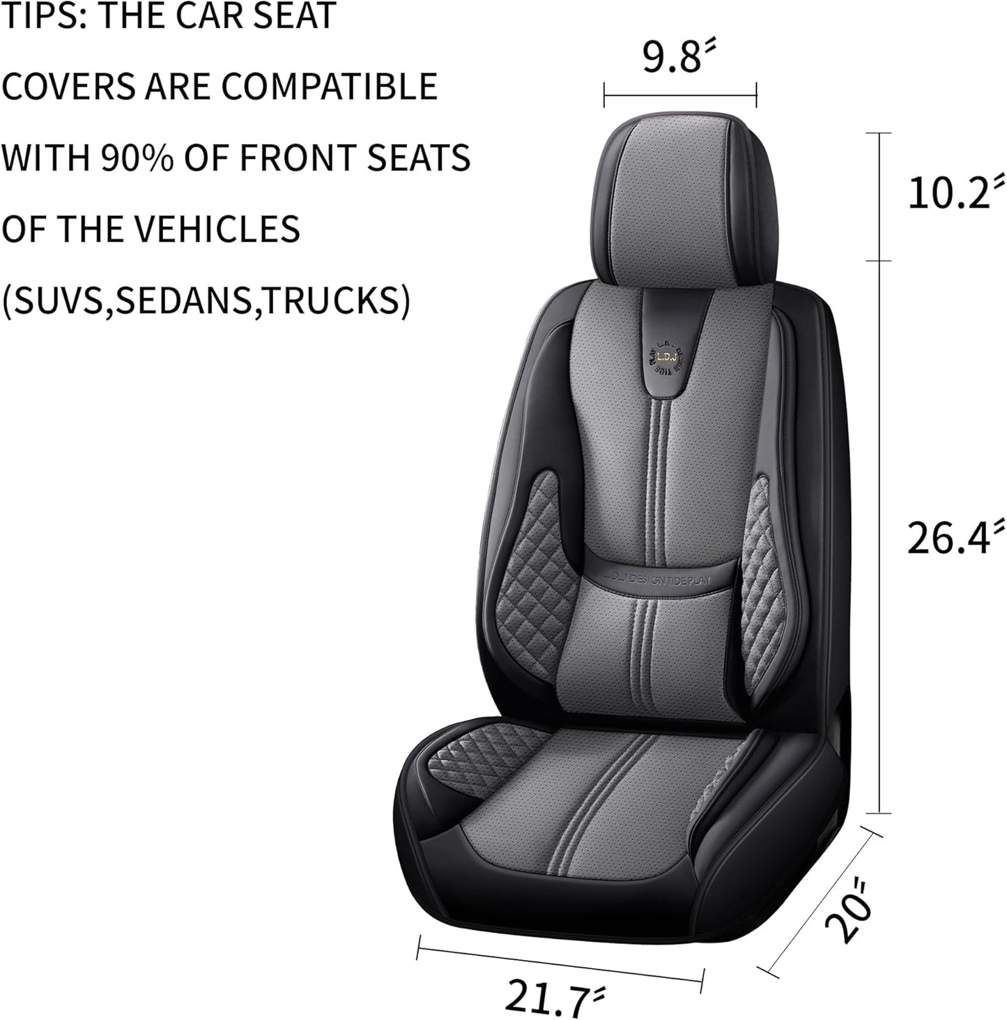 Car Seat Covers Full Set, Black Seat Cover for Cars Compatible Airbag, Easy Install Luxury Leather Automotive Seat Covers with Lumbar Support, for Car, Truck, SUV, Grey