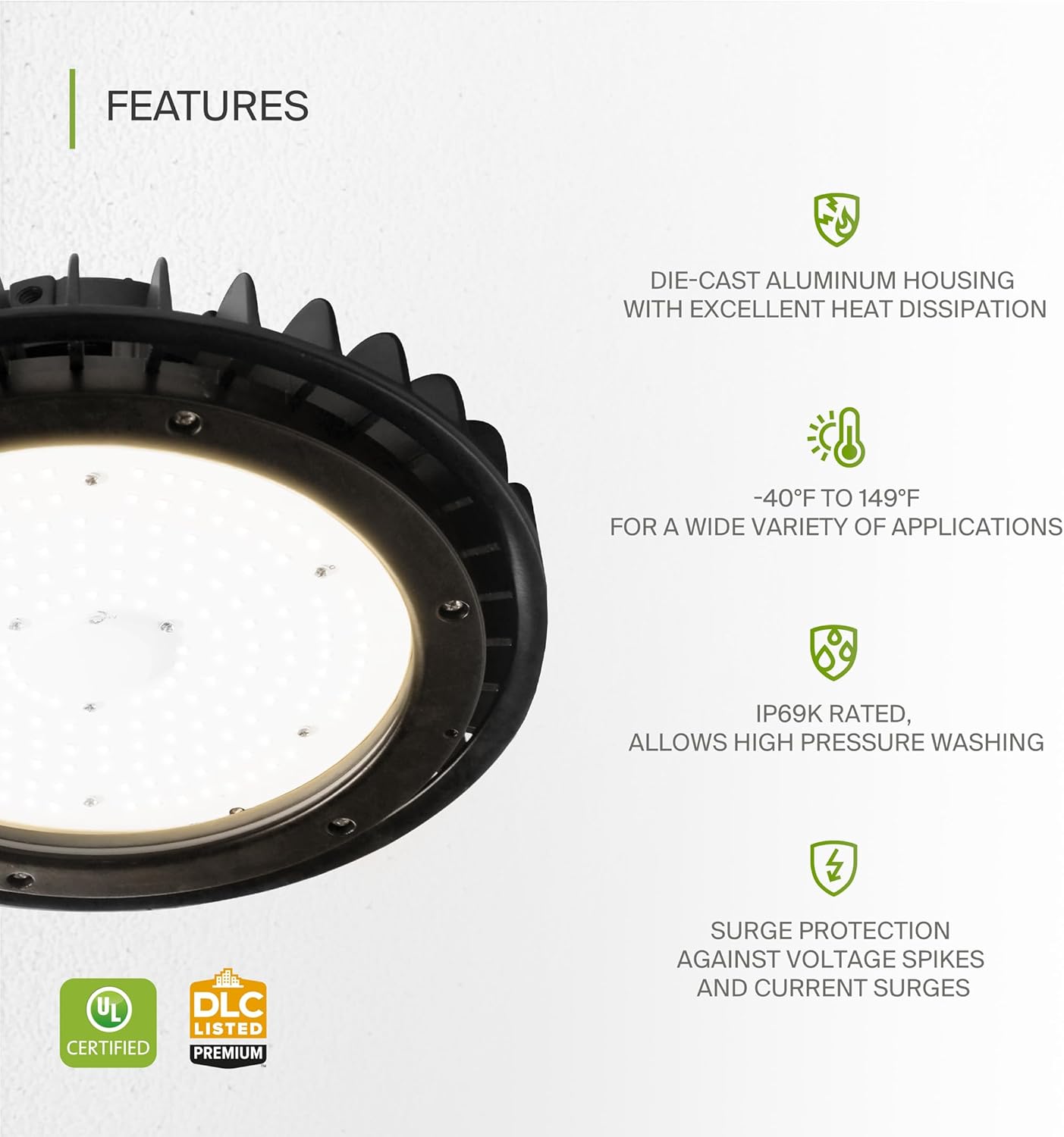 ASD LED High Bay UFO Light Fixture, Commercial Shop Lighting | Dimmable, IP69K Waterproof, DLC Premium, UL Listed | 200W 29000LM 3500K 100-277V | Warehouse, Garage, Workshop, Barn Lamp | Black