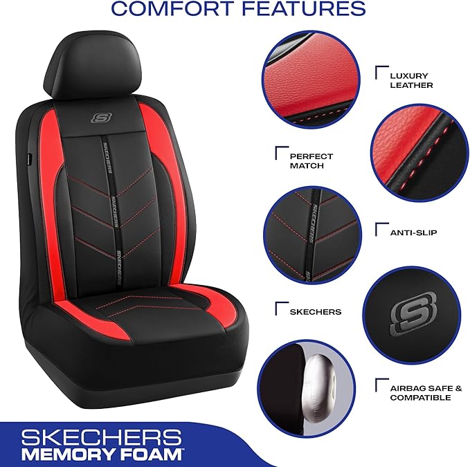 Skechers Car Seat Covers,Luxury Faux Leather Seat Covers,Waterproof Anti Slip Car Seat ProtectorFull Set,Car Accessories Airbag Universal Fit for Most Cars,Vans,Trucks,SUV,Red