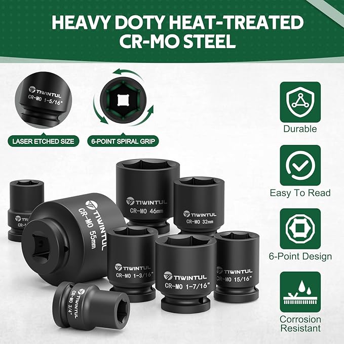 3/4 Inch Drive Impact Socket Set, 6-Point Design, CR-MO Steel, 30 PCS Large Impact Socket Set, SAE (11/16” to 2”) and Metric (17mm to 60mm), Rugged Construction, Heavy Duty Impact Sockets