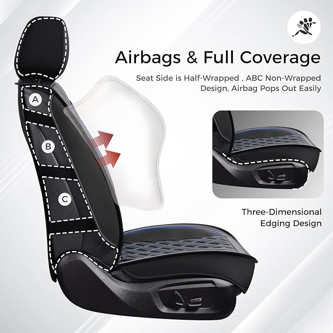 Huidasource Front Car Seat Covers, Leather Car Seat Cushion, Automotive Car Seat Cover Protector Universal Fit Front Seat, Airbag Compatible, for Most Cars,Vans,Trucks, SUVs (Front Pair/Black&Blue)