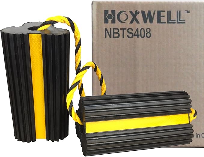 Heavy Duty Rubber Dual Wheel Chocks, RV Non Slip Wheel Stoppers with Nylon Rope Yellow Reflective Tape, Wheel Block for Travel Trailers, Aircraft, Car, Camper, Truck 1 Pair