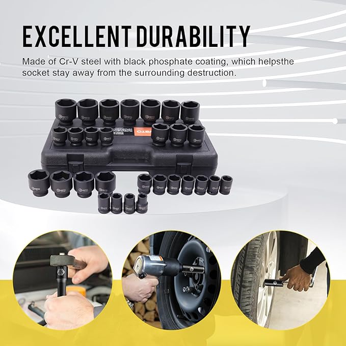 29-Piece 3/4" Drive Impact Socket Set, SAE 3/4" to 2-1/2", 6-Point Design, Rugged Construction, with Heavy-Duty Storage Case – Ideal for Auto Repair & Household Use