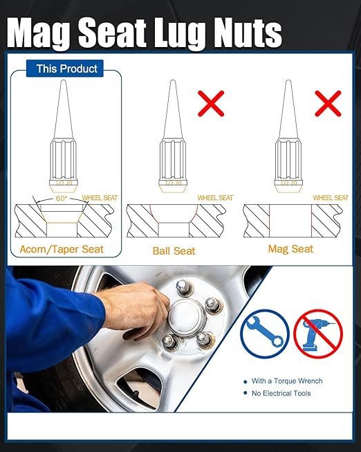 GAsupply 1/2-20 Spike Lug Nuts Black 20pcs, 1/2 x 20 Locking Spiked Lug Nut Spline 4.4" Tall, Closed End Bulge Acorn 60 Degree Cone/Conical Seat