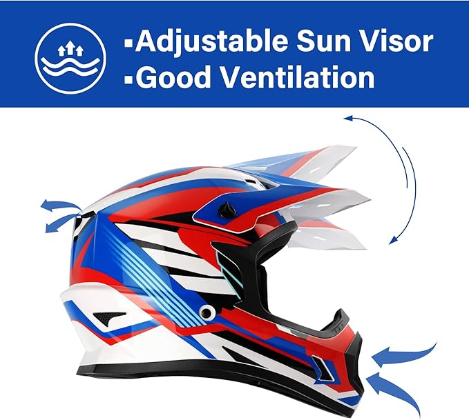 XFMT DOT Youth Kids Dirt Bike Helmet Full Face Motocross Helmets for Off-Road ATV Street Bike Four Wheeler Motorcycle with Goggles & Gloves, Red White and Blue Medium