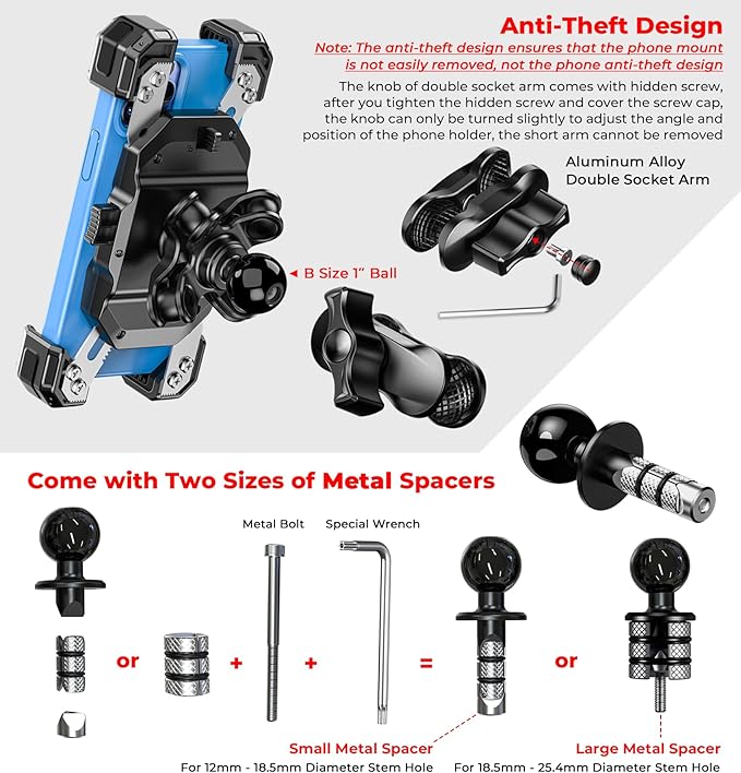 Motorcycle Fork Stem Phone Mount with Vibration Dampener, Motorcycle Cell Phone Holder with Aluminum Alloy Anti-Theft Short Arm, Fit 12mm to 25.4mm Diameter Stem Tubes, for 5.5"-7.2" Phones