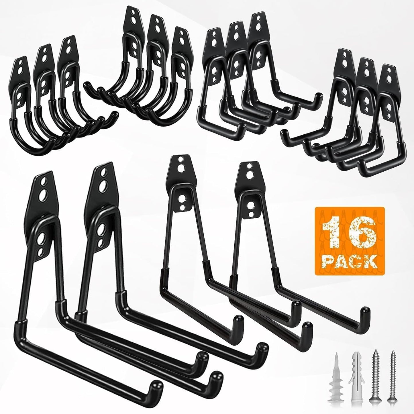 Garage Hooks,16 Pack Garage Hooks Heavy Duty,Utility Steel Garage Storage Hooks,Wall Mount Garage Hanger&Organizer for Organizing Power Tools,Ladders,Bulk Items,Bikes,Ropes and More Equipment