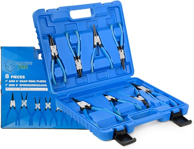 8 Piece Precision Snap Ring Pliers Set – 7" & 9" Internal/External Circlip Pliers, 3 Angle Tips (0° 45° 90°), Heavy Duty CR-V Steel