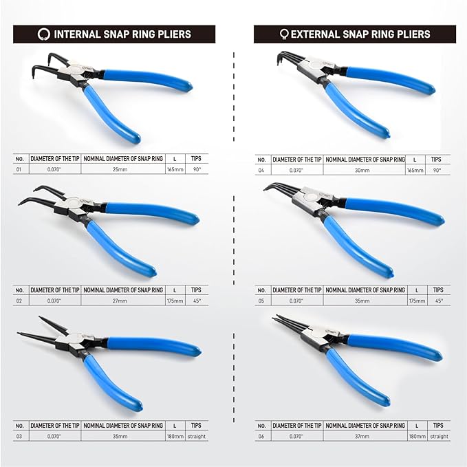 Precision 6PCS 7" Snap Ring Pliers Set - Complete 0°/45°/90° Angled Jaw Options, Professional Grade Internal/External Retaining Ring Tools