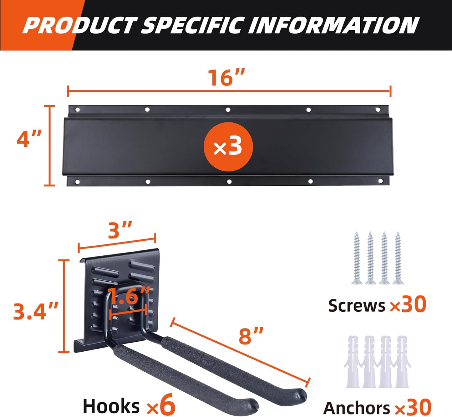 Garage Tool Organizer Wall Mount 48", Garage Wall Organizer 400 lbs, Heavy Duty Garages Organizers and Storage with Adjustable Hooks, Garden Tool Storage Rack for Shovels, Hoses, Ladders