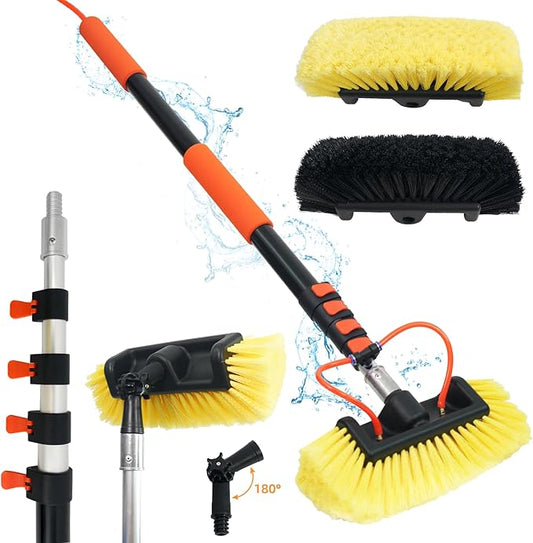 12FT/144inch Car Wash Brush with Long Handle Water Fed Telescopic Pole with Angle Adapter 12" Soft and Hard Bristle Cleaning Tool for Car Truck RV House Floor Window Glass Roof Pool