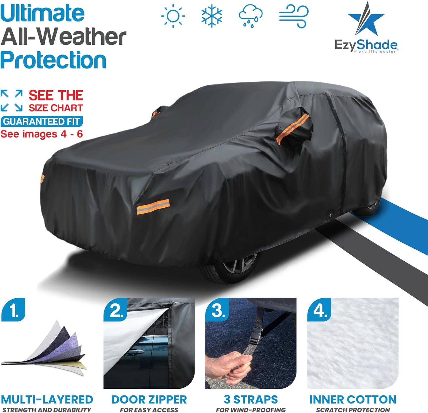 EzyShade 10-Layer SUV Car Cover Waterproof All Weather. See Vehicle Size-Chart for Accurate Fit. Outdoor Full Exterior Covers for Automobiles Heavy Duty Jeep Rav4 CRV. Black, Size S1 (See SizeChart)