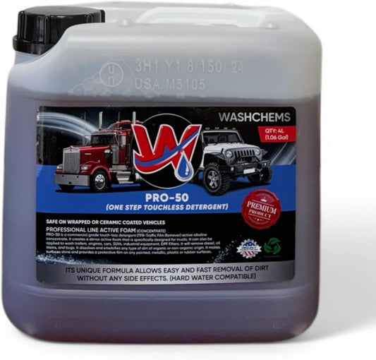 Wash Chems Pro 50 Touchless Car Wash Detergent Soap Concentrate No Brushing, Commercial Grade Professional Auto Foam Cleaner Also Great for Trucks & Tractors