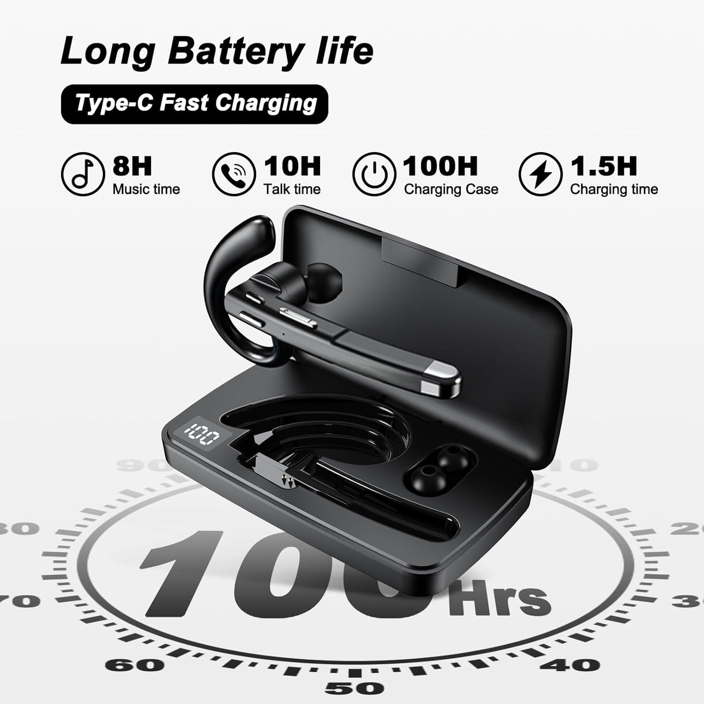 Bluetooth Headset, Wireless Earpiece with 500mAh Charging Case, 100Hrs Talking Time Built-in Dual Microphone 270° Rotatable Hand-Free Noise Canceling Headphones for Office/Trucker/Business