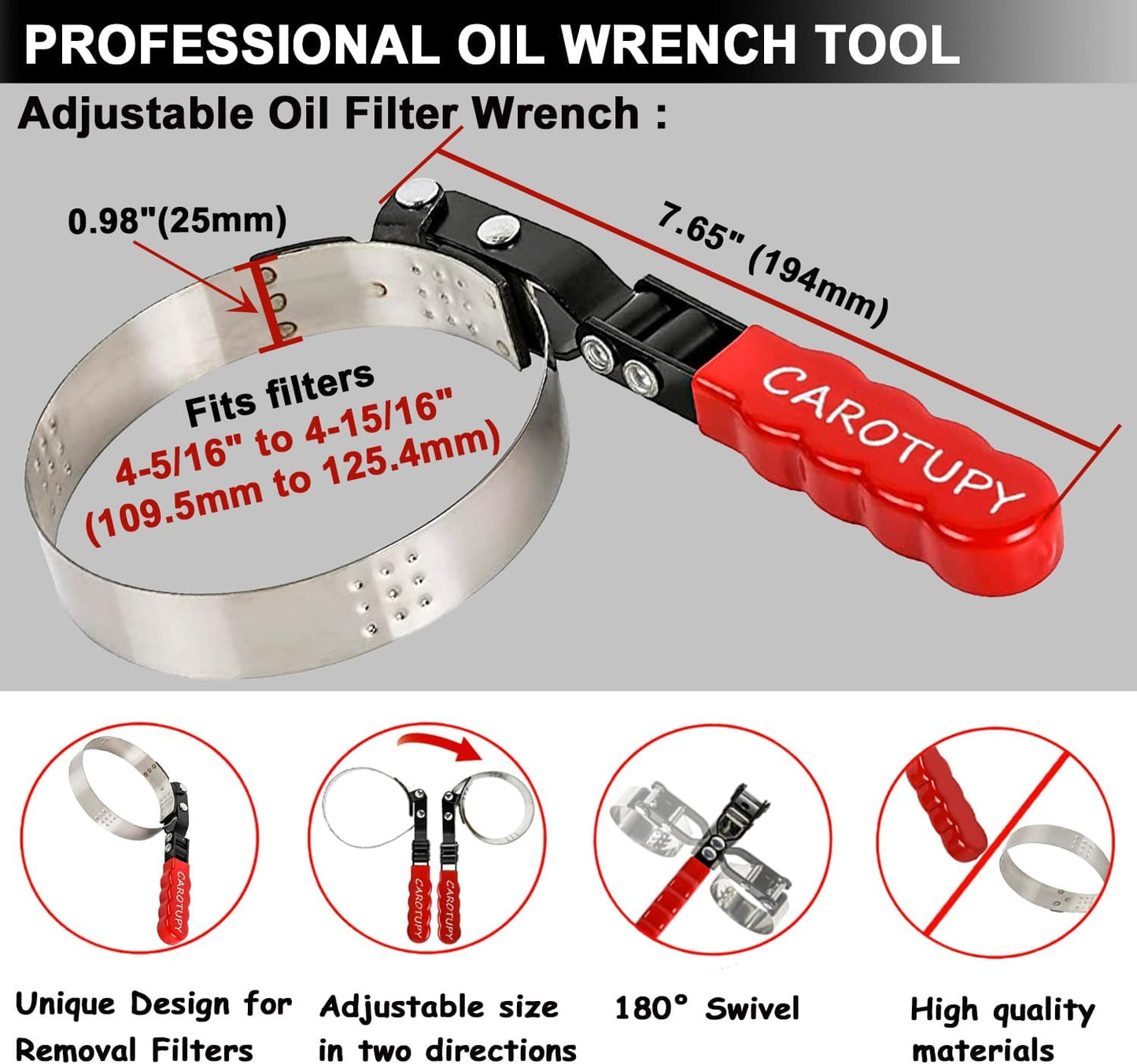 Large Oil Filter Wrench, Oil Filter Removal Tool Fits Filter from 4-5/16" to 4-15/16" for Oil Change