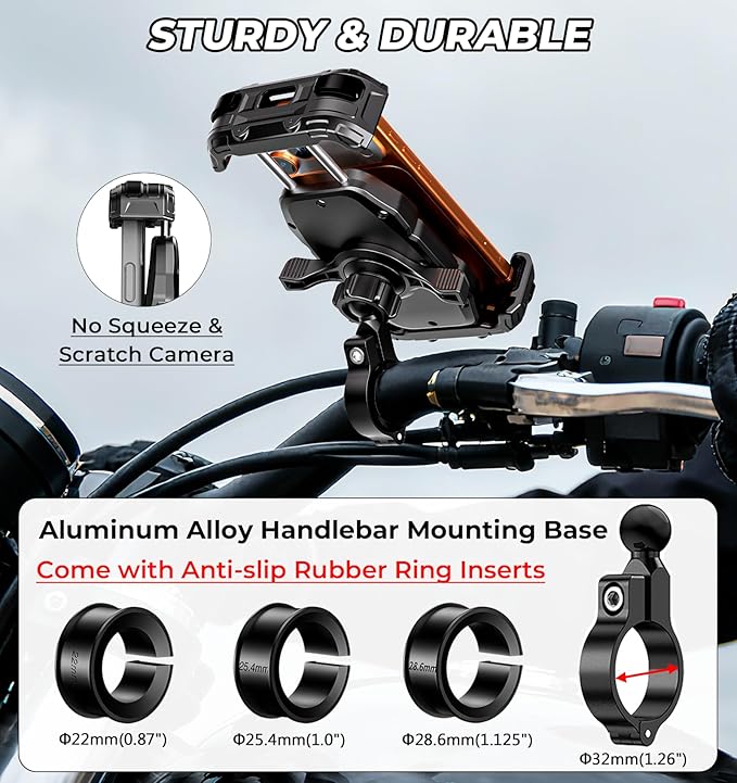 Motorcycle Phone Mount [Secure Lock] One-Handed Operation Motorcycle Cellphone Holder, Bicycle Scooter Handlebar Clamp, Bike Phone Mount with Aluminum Alloy Base Fit for 5.4"-7.2" Smartphone