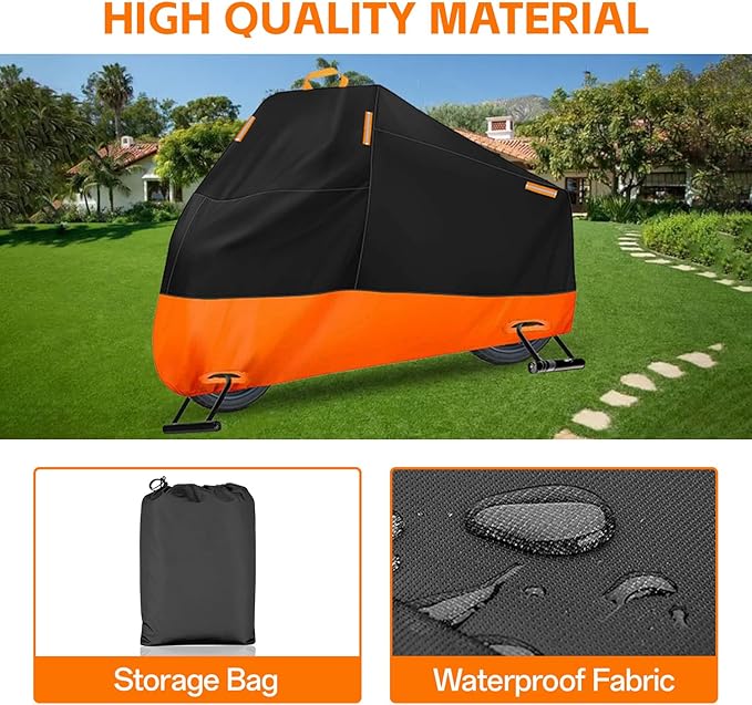 Motorcycle Cover Waterproof Outdoor, Heavy Duty Motocycle Vehicle Cover Fit up to 96.5", All Season Protection Cover with Top Handle & Reflective Strips, XXL Powersports Vehicle Cover
