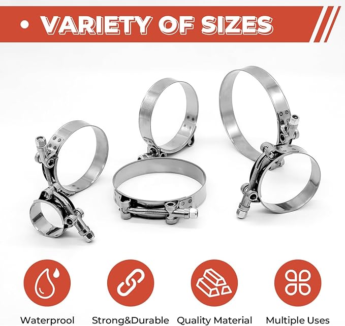 24 Pack 12 Size T-Bolt Hose Clamps, Stainless Steel_304 Working Range 28mm-116mm for 0.75" -4'' Hose ID, Turbo Intake Intercooler Clamp for Automotive