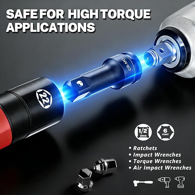 6 PCS 1/2 inch Drive Half Size Lug Nut Socket Set with Metric 17 19 21 22 mm, SAE 3/4" 13/16" 7/8" 15/16", Impact Flip Socket Set Non-Marring Thin Wall Double Ended Wheel Nut Socket Removal Kit
