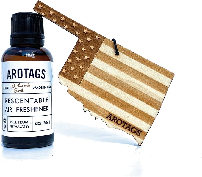 Arotags Car Air Freshener - Reusable Wood Diffuser - Hanging Odor Eliminator - Oklahoma Patriot - Backwoods Birch Scent