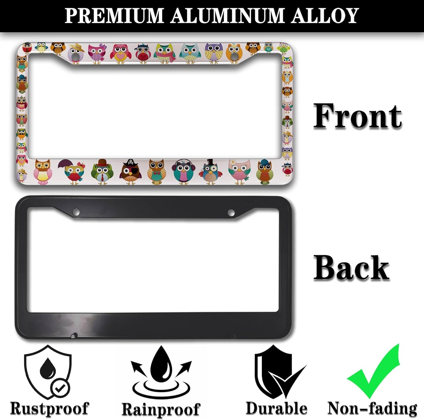 License Plate Frames for Women Multicolor License Plate Frame for Men Cute Owl Universal Aluminum Car Accessory 2 Pack with Screw Covers Set