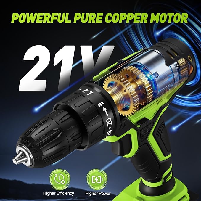 WORKBLESS Cordless Drill, Power Drill Set with 1 Battery and Charger, 40Nm, 20+1 Torque, 2 Speed, Keyless 3/8" Electric Screwdriver with LED Light, 28pcs Drill Bits Set(Green)