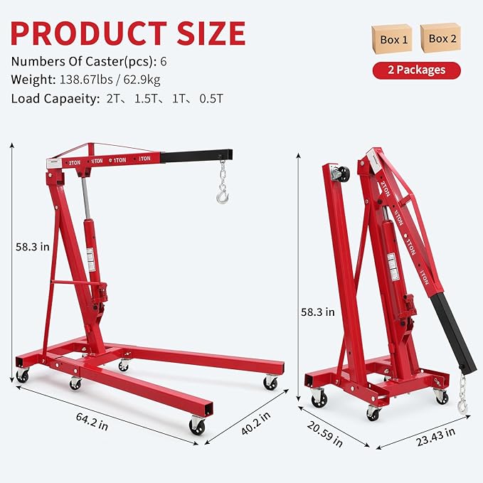 2-Ton Folding Engine Hoist Cherry Picker 4400 Lb Capacity Hydraulic Shop Crane with Telescoping Boom 6 Caster Wheels for Automotive Repair Garage Use Includes Hitch and Storage Stand Red