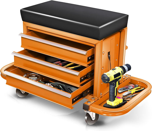 Auto Dynasty 3-Drawer Mechanic Rolling Seat, 350 LBS Capacity Roller Garage Shop Seat with Storage Tool Tray for Workshop, Repair Shop, Warehouse, Orange