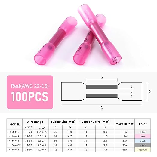 Heat Shrink Butt Connectors, 200Pcs 22-16 AWG Red Insulated Waterproof Electrical Wire Connectors Automotive Marine Grade Wire Crimp Terminals Butt Splices, Ideal for Boat, Truck, Stereo