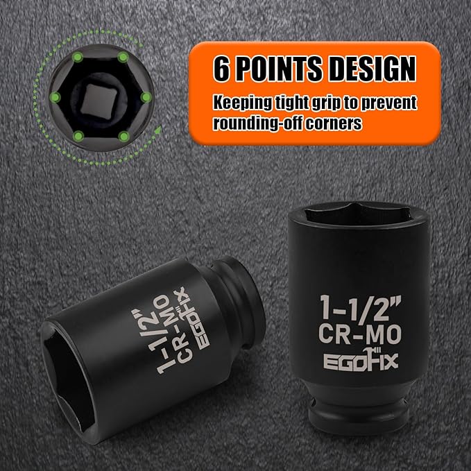 1 1/2 Inch Socket 1/2" Drive Deep Impact SAE Socket, Heat-Treated CR-MO Anti-Rounding 6 Point for Easy Removal of Axle Nut