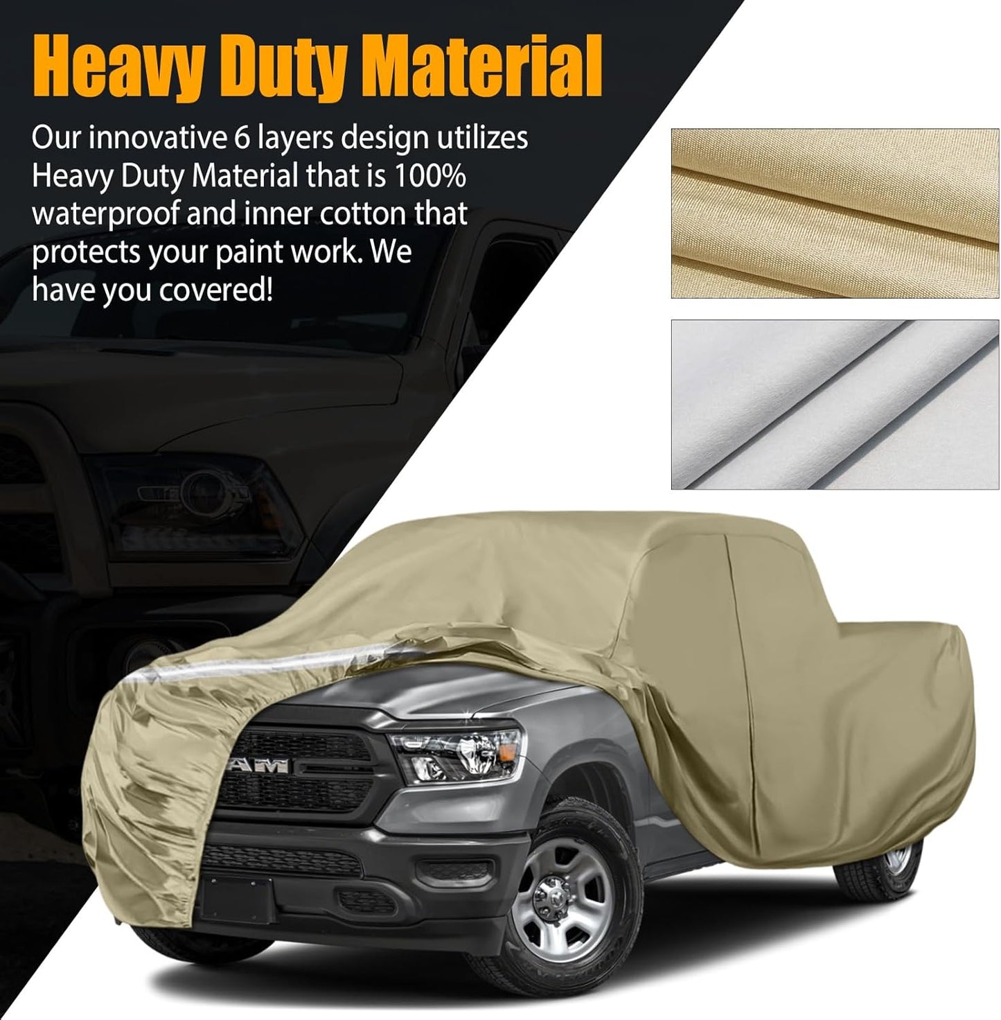 Waterproof Truck Covers Replace for Ford F150 / Dodge Ram 1500 CrewCab 5.5 ft, Multilayer Heavy Duty with Cotton Liner Car Cover with Zipper Door, Windproof Bands for Snow Rain Dust Protection
