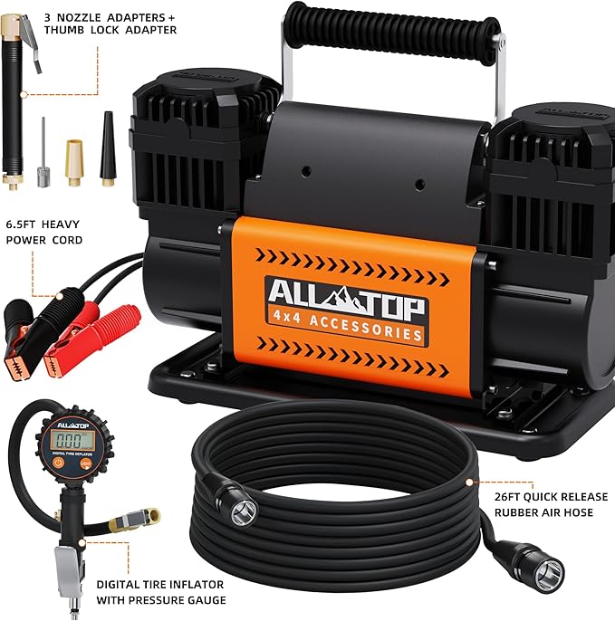 ALL-TOP Dual Cylinder Air Compressor with Digital Pressure Gauge Tire Inflator Kit, 12V Portable Inflator 12.35ft³/Min, Offroad Air Pump for Truck Tires, Heavy Duty Max 150 PSI for 4x4 Vehicle & RV