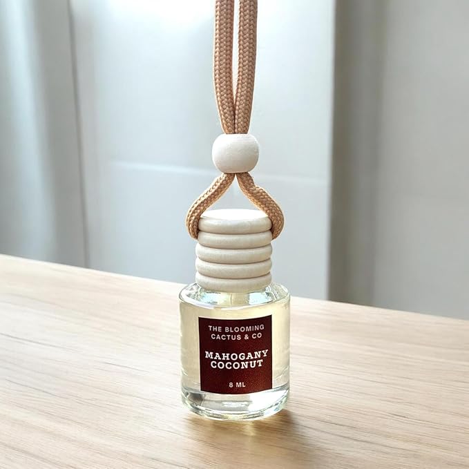 Car Air Freshener with 1 Oz Refill included | Car scented on the go | Car Air Freshener | Long Lasting Hanging Fragrance | Phthalate Free Fragrance. (Mahogany Coconut, 8 ml)