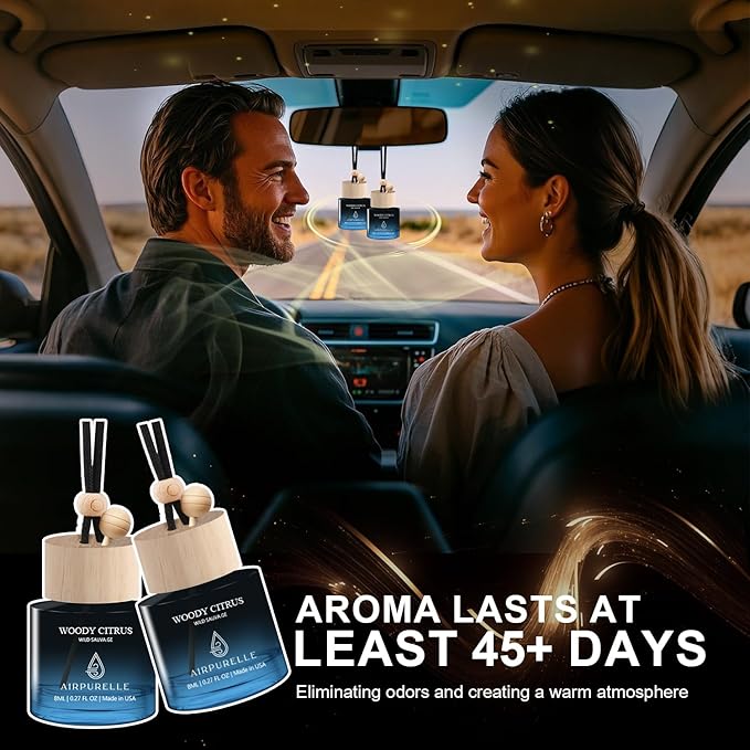 Car Air Freshener Hanging 2 Pack A ir Fresheners Diffuser - Woody Citrus Fragrance Oil Air Diffuser for Car, 45+ days Long Lasting Fragrance, Two 0.27 FL OZ/8ML Made in USA