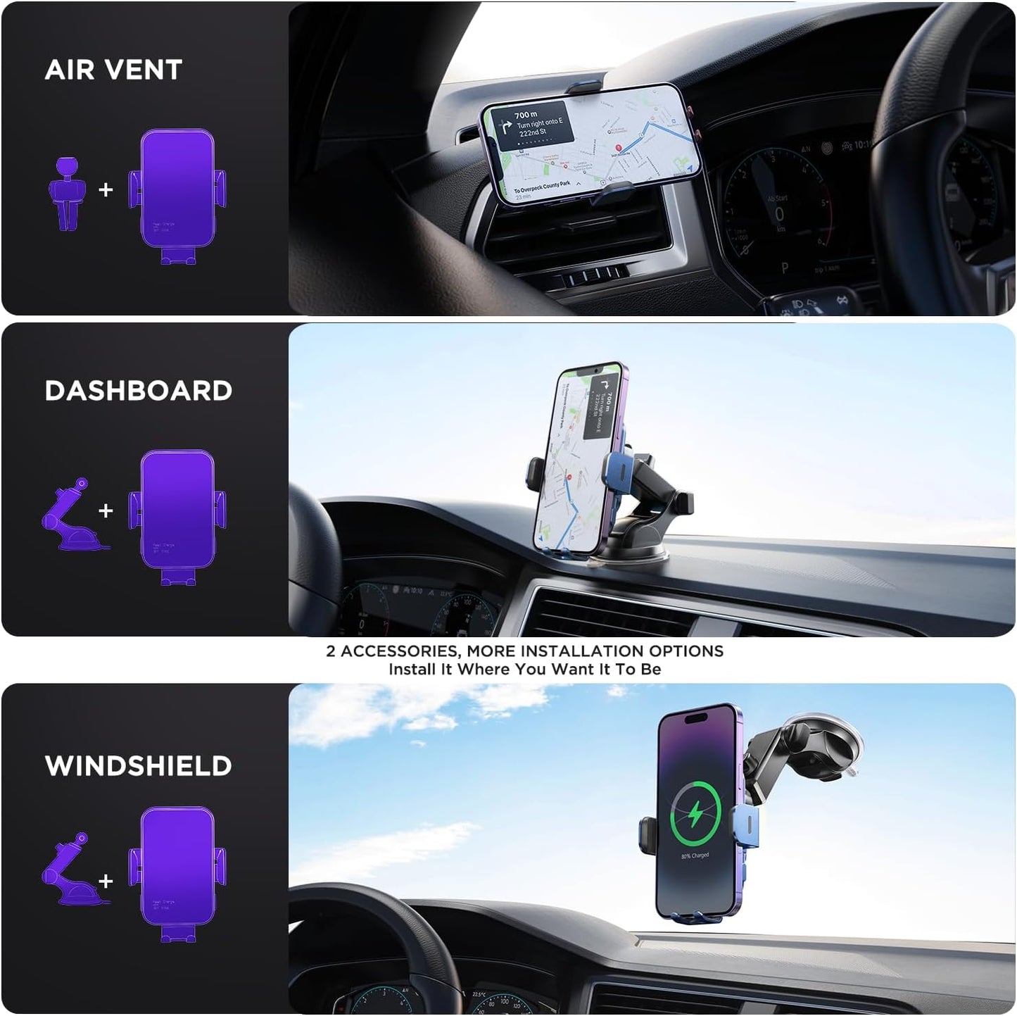 Wireless Car Charger,【7 Colored LED Backlit】15W Auto Clamping Car Charger Phone Mount Holder fit for iPhone 14 13 12 Mini Pro Max 11 XR XS X, Samsung Galaxy S23 Ultra S22 S21+ S10+ Note 20, etc - Blue
