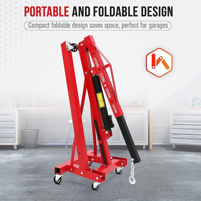 2 Ton Engine Hoist, Hydraulic Cherry Picker Engine Hoist Lift, 4400LBS Heavy Duty Crane Lifter with 6 Casters and Telescopic Boom, Foldable & Portable Design, for Garage, Workshop, Warehouse (Red)
